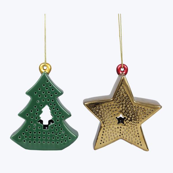 Ceramic Gold Star & Green Tree Hanging Ornaments w/LED