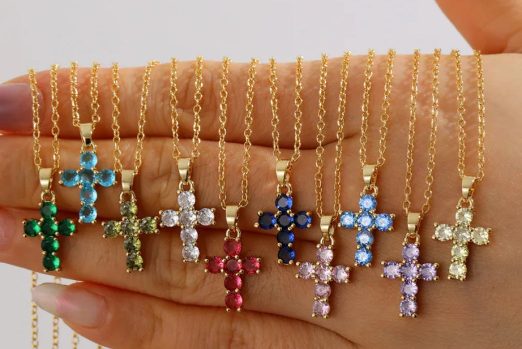 Birthstone CZ Cross Necklace.  Available in Gold or Silver.  Adjustable slide Necklace.