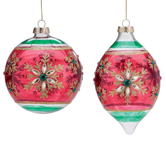 Red & Green Snowflake Glass Ornaments- 2 Styles!