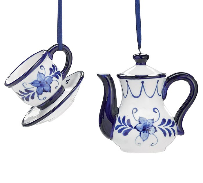 Blue & White Floral Teapot & Teacup Ornaments- 2 Styles, Sold Separately
