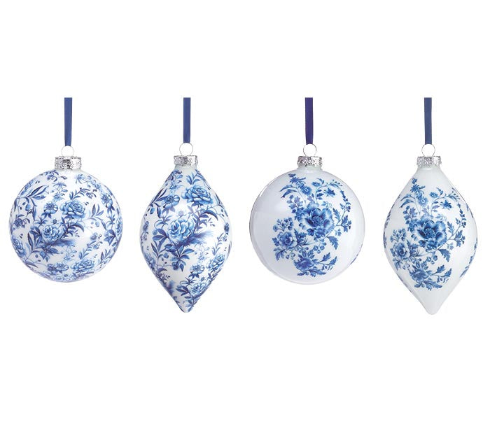 Blue Floral on White, Blue Stringed Ornaments