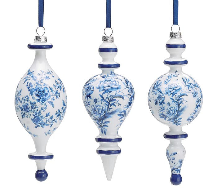 White with Blue Floral Elongated Ornaments- 3 Styles!
