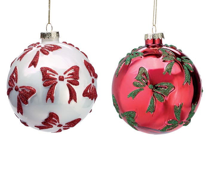 Round Glass Glitter Bow Ornaments-2 Styles!