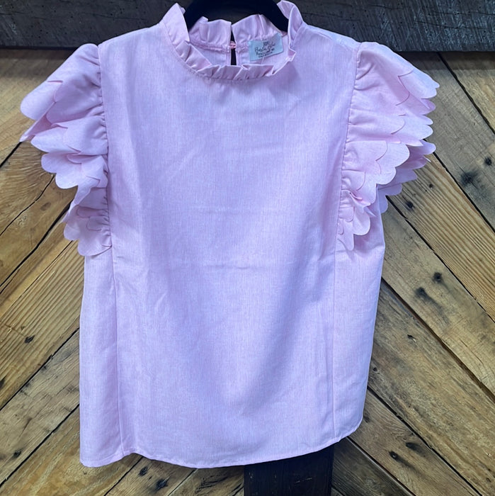 Pink Scalloped Top with Ruffle Sleeves