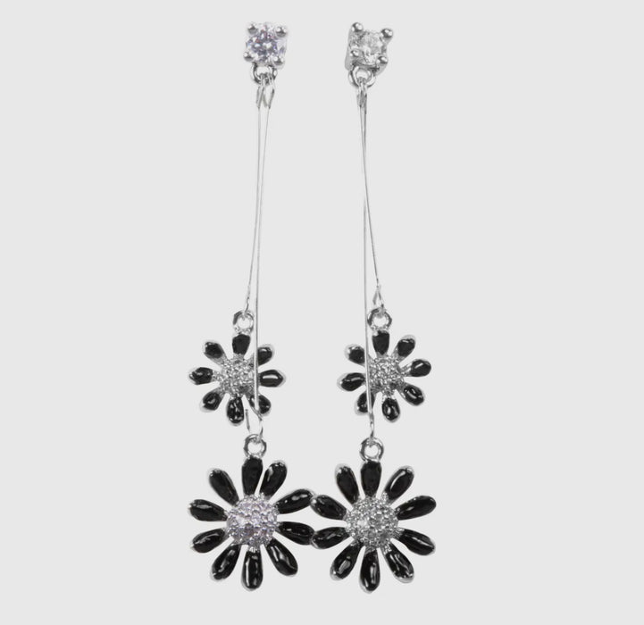 Silver Two Flower Drop Earrings