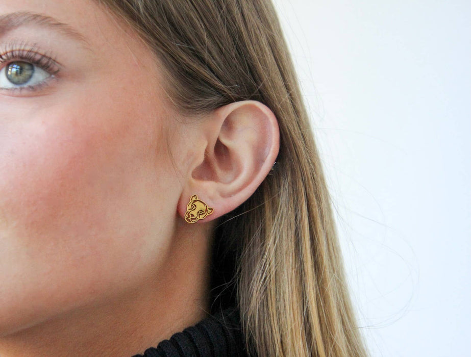 Panther Head Gold Stud Earrings. Hypoallergenic earring