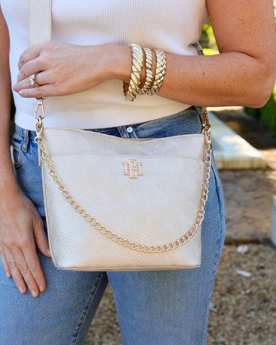 Brielle Bucket Bag Shimmer Champagne Purse by Caroline Hill