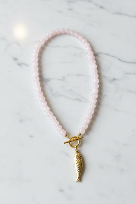 Light Pink Beaded Necklace with Gold Sardine