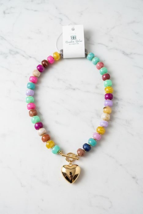 Multicolor & Gold Chunky Beaded Necklace with Gold Heart and Front Clasp