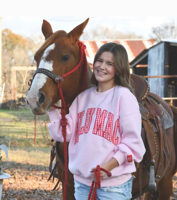 Lulu Mac Sweatshirt Pink with Red Gingham Embroidered Design **NEW VALENTINE'S DAY DROP PREORDER**