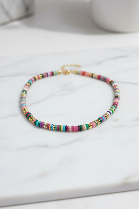 Multicolor Thin Beaded Necklace with Gold Accents