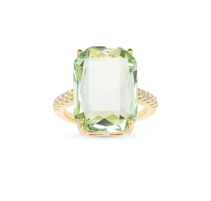 Gold CZ and XL Crystal Pale Green Ring