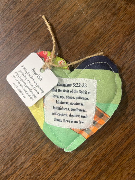 Heart Shape Pocket Prayer Quilt with a Wood Cross Inside.  Different Verses or Quotes Available.