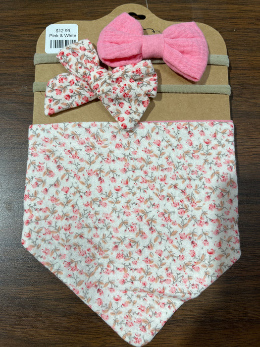 Pink & White Floral Bandana Set- Comes with One Bandana and Two Headbands