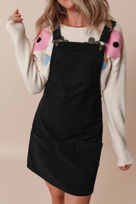 Black Corduroy Overall Dress with Front Pocket