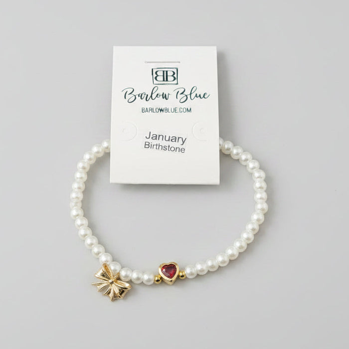 Bow & Pearl Birthstone Bracelets with Heart Birthstones