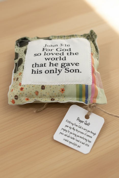 Square Pocket Prayer Quilt with a Wood Cross Inside.  Different Verses or Quotes Available.