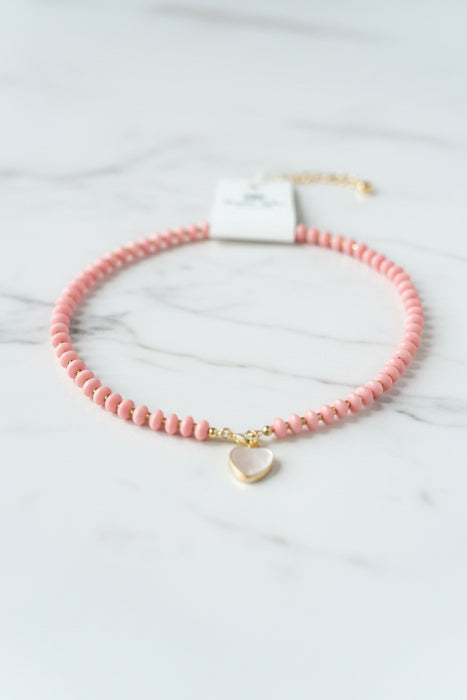 Light Pink Beaded Necklace with Pastel Pink Heart Charm