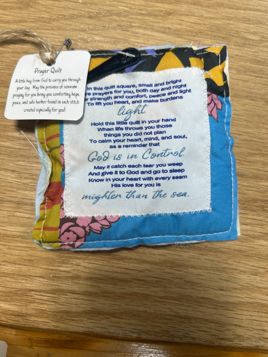 Square Pocket Prayer Quilt with a Wood Cross Inside.  Different Verses or Quotes Available.