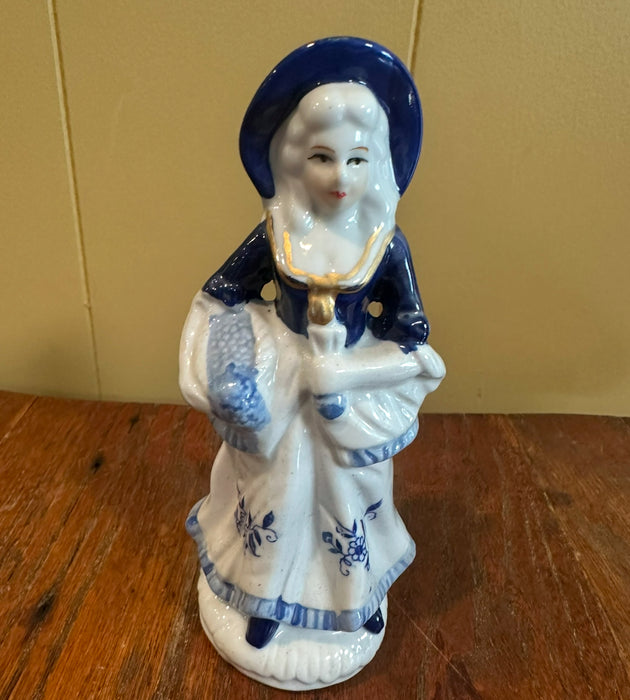 Vintage Figurine Porcelain Victorian Lady Carrying Base Hand Painted Delft Blue Flowers Leaves On White 1970
