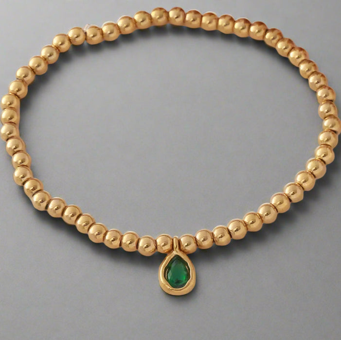 Gold Beaded Bracelet with Birthstone Charm