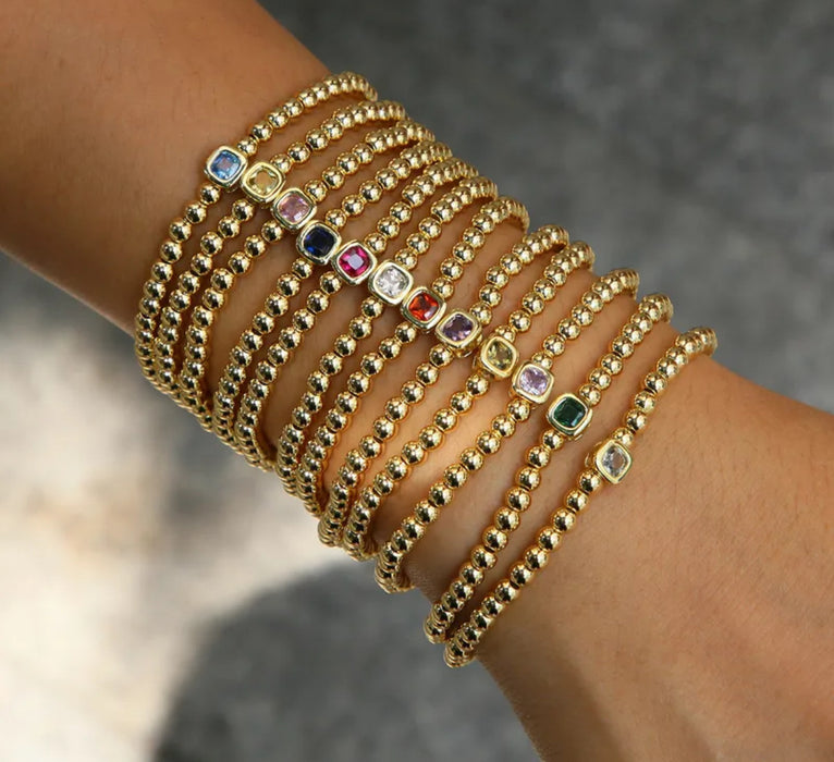 The Confetti - Gold Beaded Bracelet with Square shaped Birthstone Charm