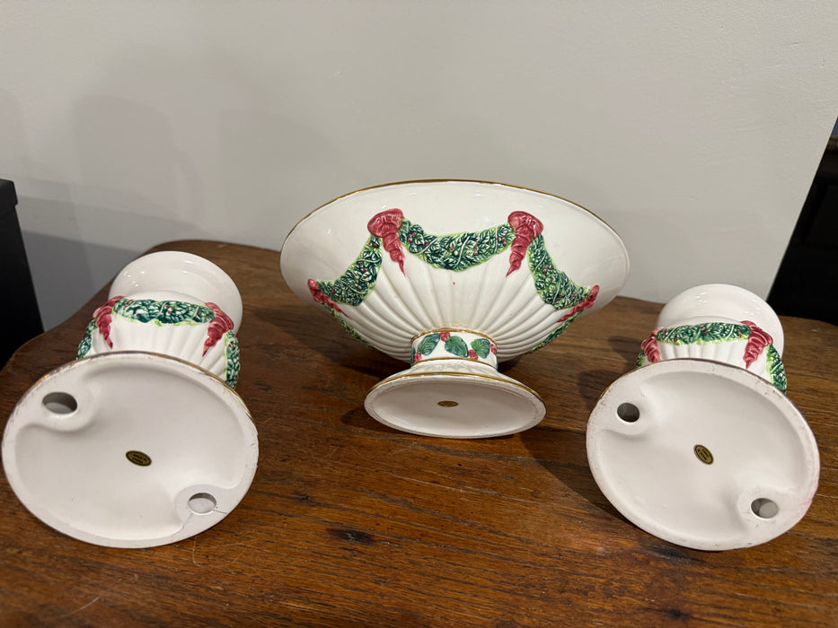 Christmas Ceramic Centerpiece Set – Compote Bowl + Candleholders (3-Piece Set)
