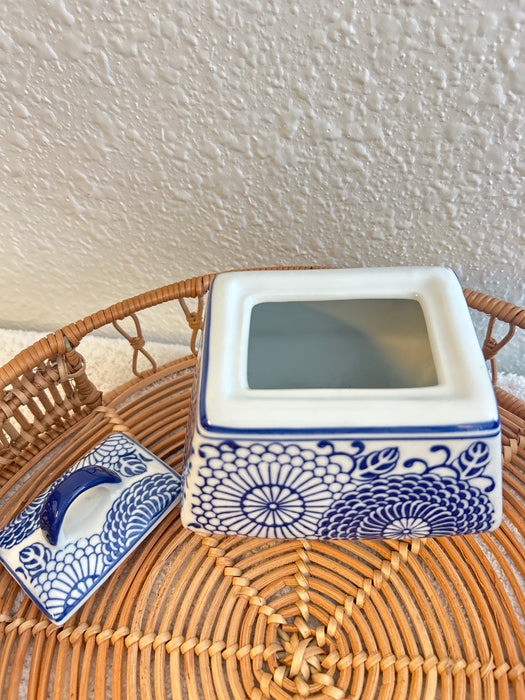 Vintage Blue & White Porcelain Box with Lid