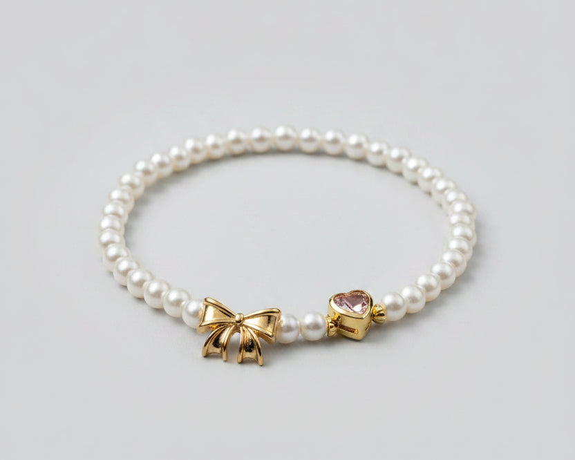 Bow & Pearl Birthstone Bracelets with Heart Birthstones