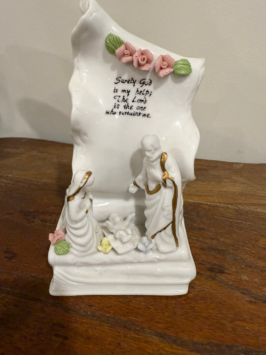 Vintage Porcelain Nativity Figurine – “Surely God Is My Help” Scripture Scene
