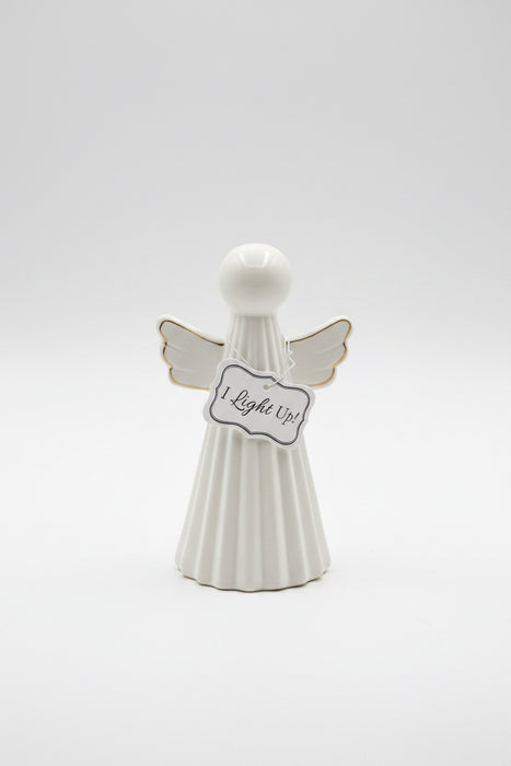 Stoneware White Angel with Gold Wing and LED