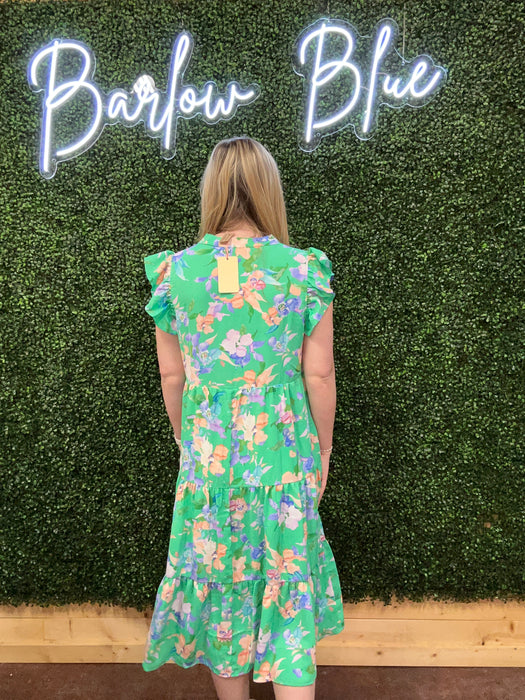 Green Floral Print Ruffled Sleeve Midi Dress