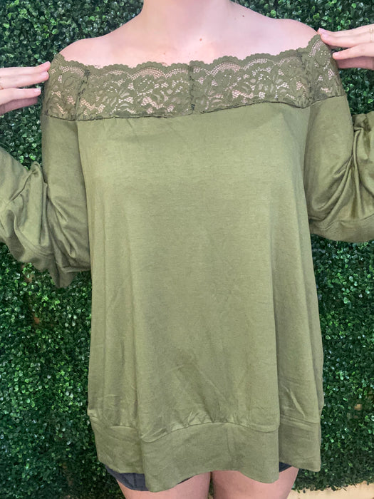 #45 Off the Shoulder Hunter Green Top with Lace Detail (m & 2X)