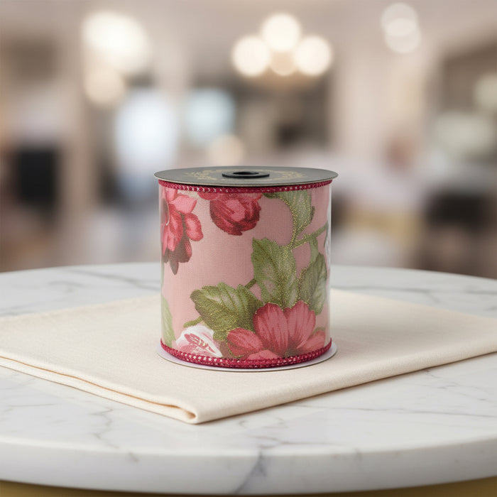 Floral Metallic Jacq Fused Fuschia/Green John Mark Ribbon: 4in wide x 5yd