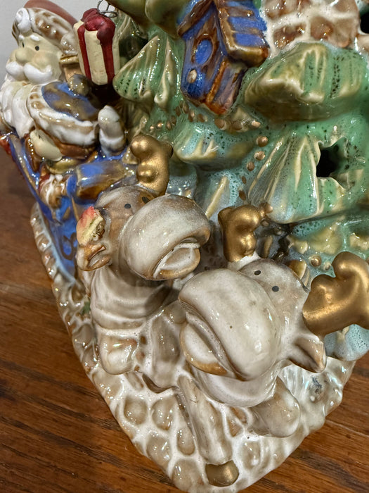 Vintage Ceramic Santa & Reindeer Christmas Tree Figurine