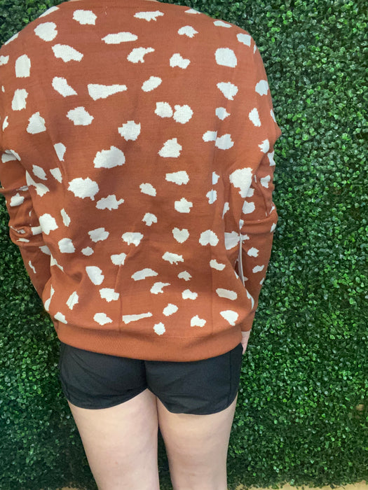 #22 Rust Colored Cow Print Crossover Sweater (XS, 2X, 3x) Runs Small.  2x fits like a Large, 3x fits like XL.