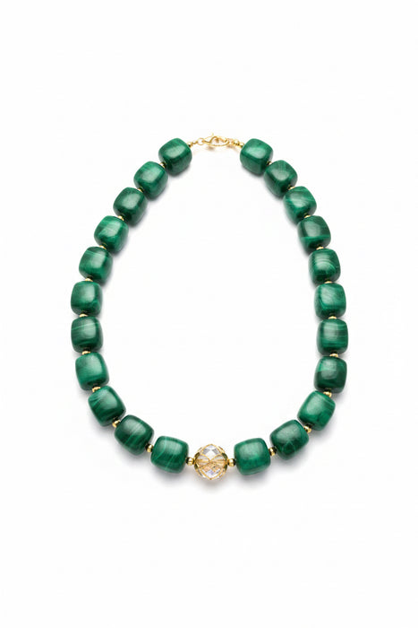 Dark Green Beaded Necklace with Gold Ball in the Center