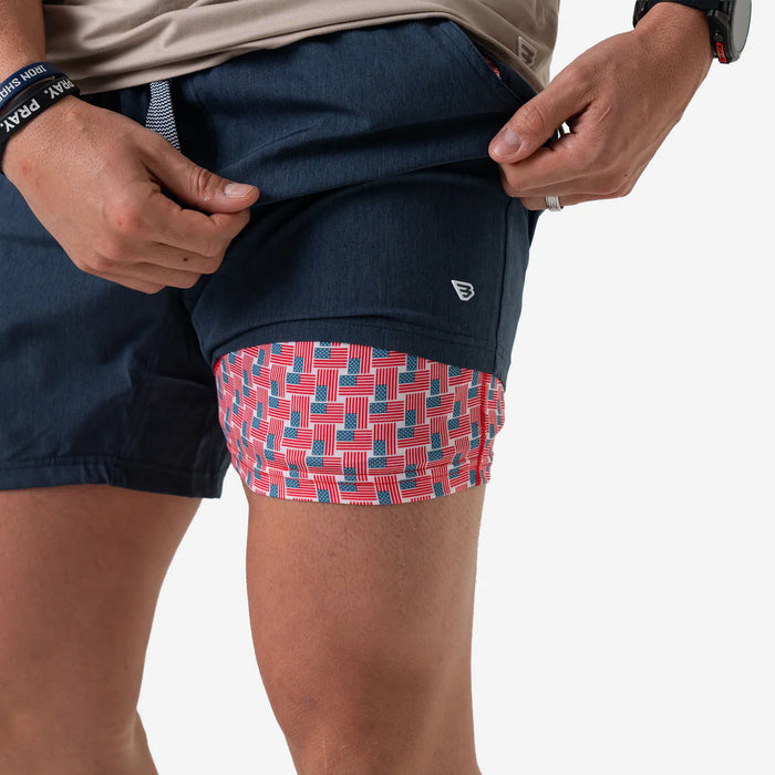 Athletic Short – Heather Navy – American Flag Liner – 5.5" Inseam by Burlebo