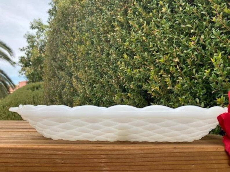 Vintage Milk Glass Divided Relish Tray with Diamond Basket Weave Pattern.