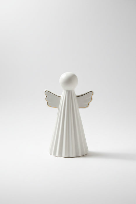 Stoneware White Angel with Gold Wing and LED