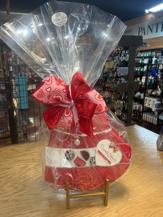 Ready to go Valentine Basket - Sparkling Pearl Link Silver Necklace and Box of Red Velvet Truffles in a Heart Shaped Box