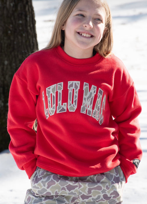 YOUTH Lulu Mac Sweatshirt Red with Camo Embroidery