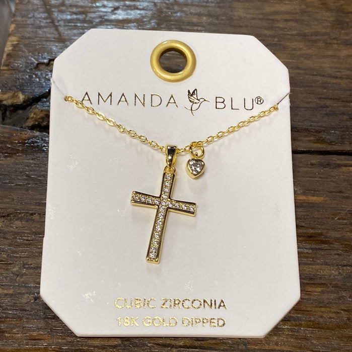 Gold Pave Cross w/Heart Droplet Necklace