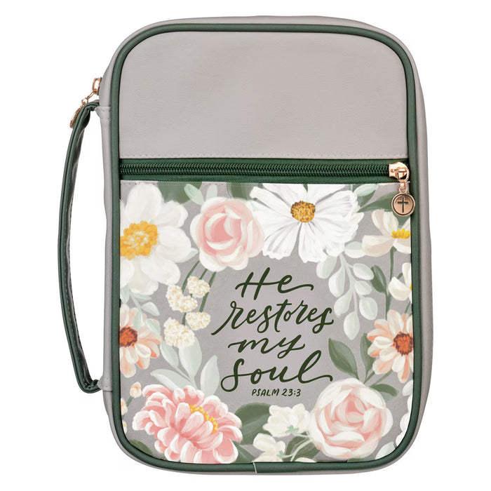 He Restores My Soul Gray Faux Leather Fashion Bible Cover - Psalm 23:3