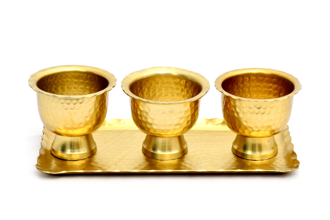 Gold Hammered Tray with 3 Bowls (Set of 4).  Food Safe or Decorative
