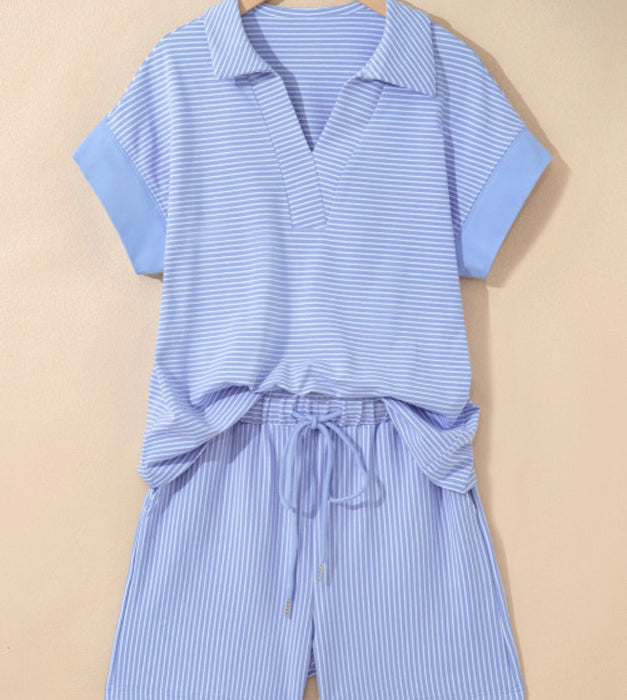 Striped Blue Dolman Sleeve 2 Piece Polo Short Set