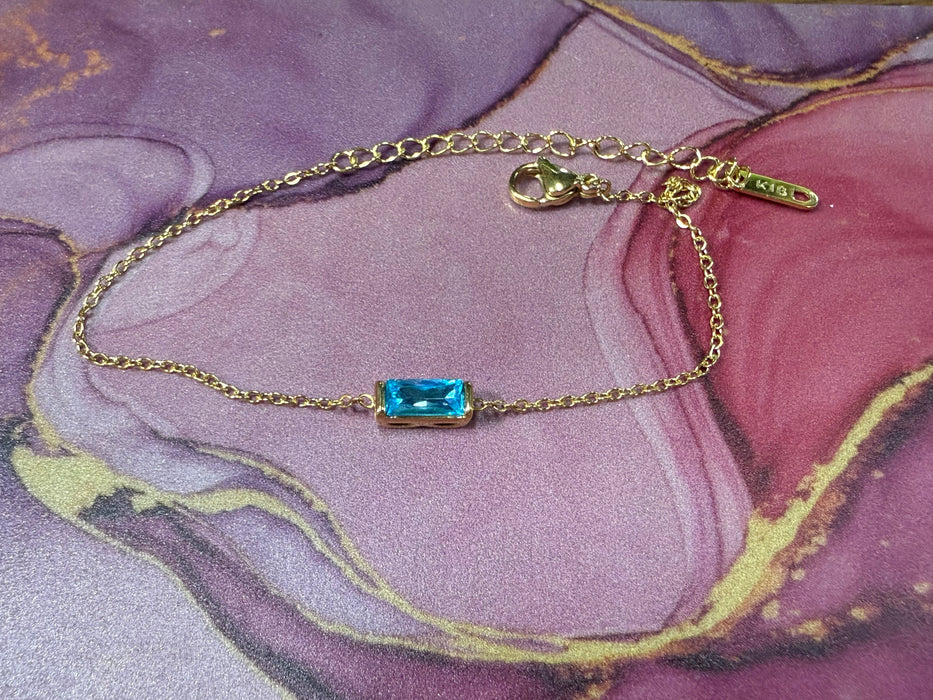 Birthstone Bracelets with Rectangle Birthstone Charm On Gold Chain- Great for Stacking!