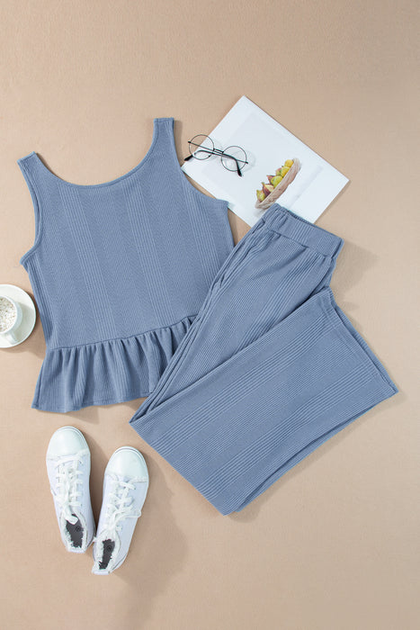 Women's Ribbed Ruffle Tank Top & Wide-Leg Trouser Set