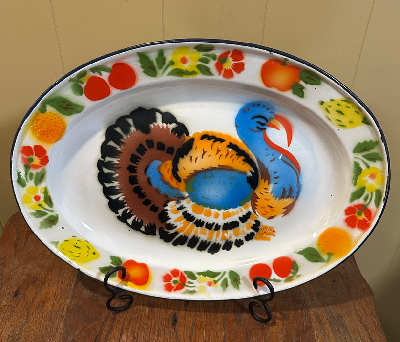 Tom Turkey Enamelware Metal Serving Platter, Mid Century Classic, Thanksgiving Buffet, Farmhouse Decor, Cabin Lodge, Rustic Hutch Decor