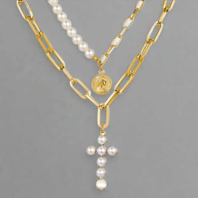 Gold Link and Pearl Layered Necklace